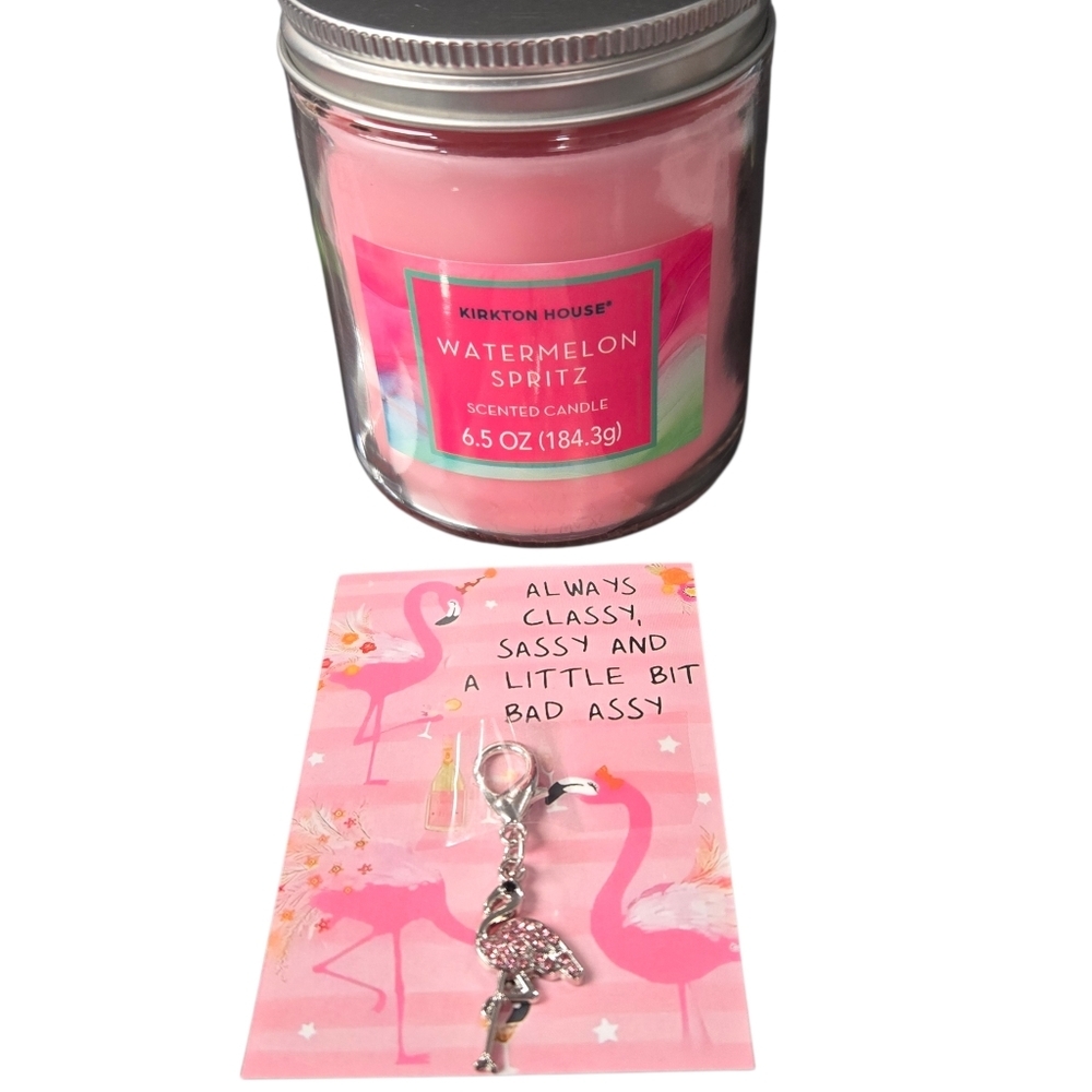 Pink Bundle - Watermelon Spritz Candle & Cute Flamingo Keychain Charm On Card - Picture 3 of 3